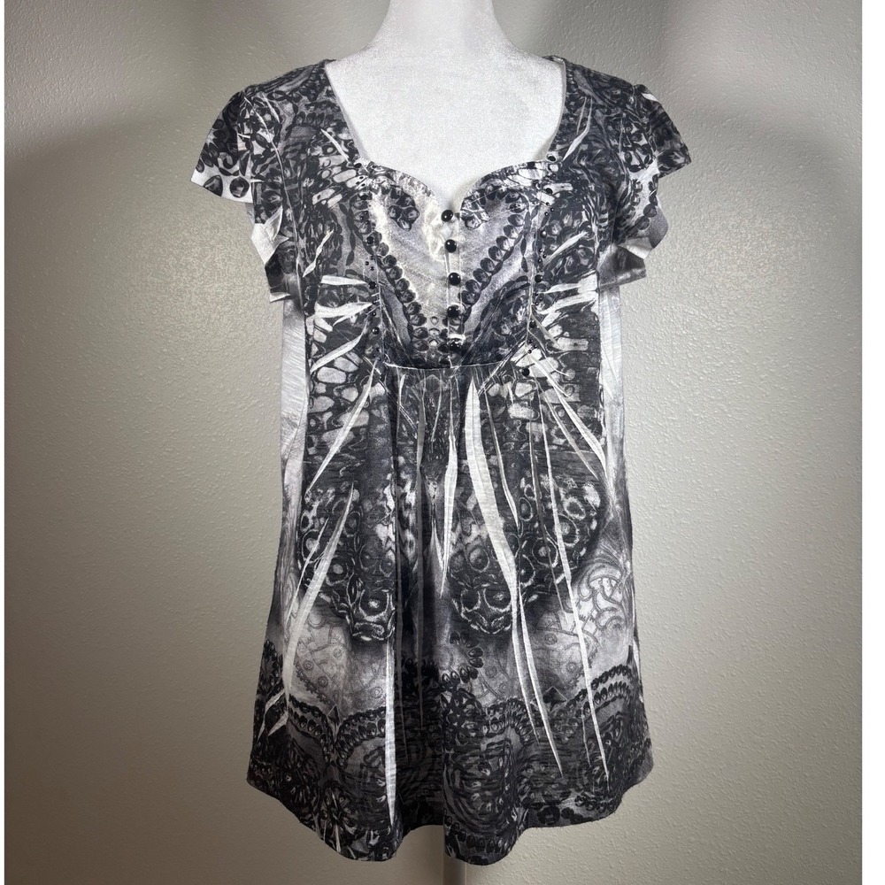 Whimsigoth Y2K Grunge Goth Witchy Butterfly Paisley Top XL Gray Black One World
